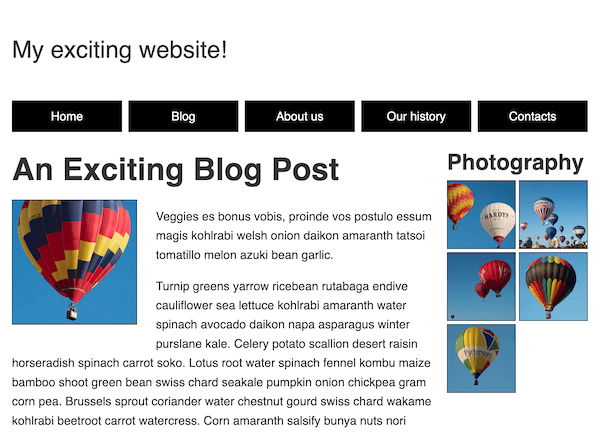 Fertiges, responsives Website-Mittellayout. Ein Logo oben, gefolgt von einem horizontalen Navigationsmenü, gefolgt von zwei Spalten, Textinhalt links und eine Fotogalerie rechts.