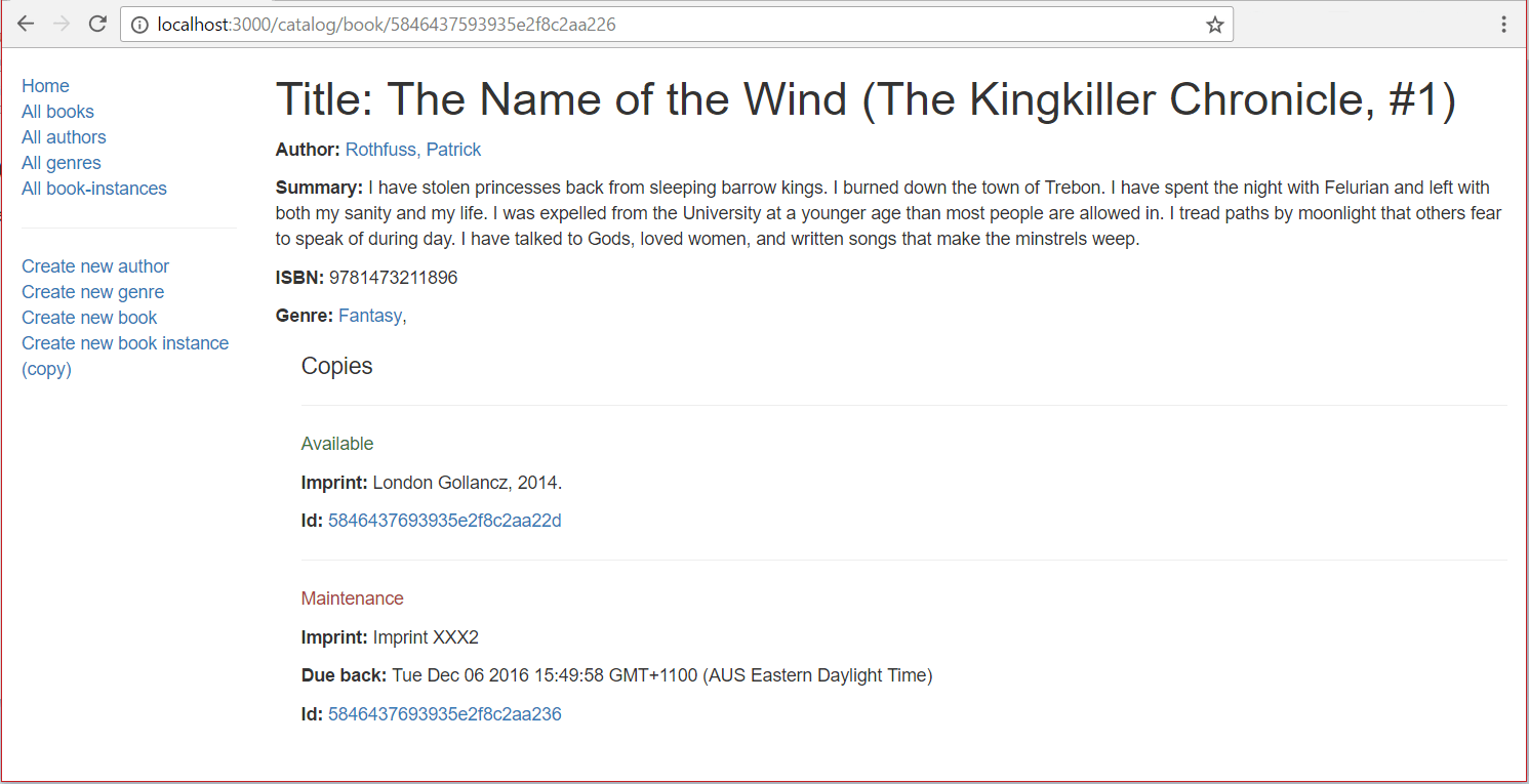 Buchdetailseite - Express Local Library Seite