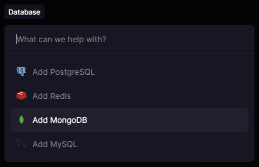 Railway-Popup zeigt verschiedene Datenbanken, die ausgewählt werden können: Postgres, MySQL, MongoDB usw.
