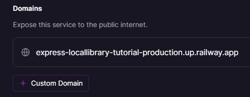 Railway-Projekteinstellungs-Registerkarte zeigt einen Link zur lokale Bibliothek-Site
