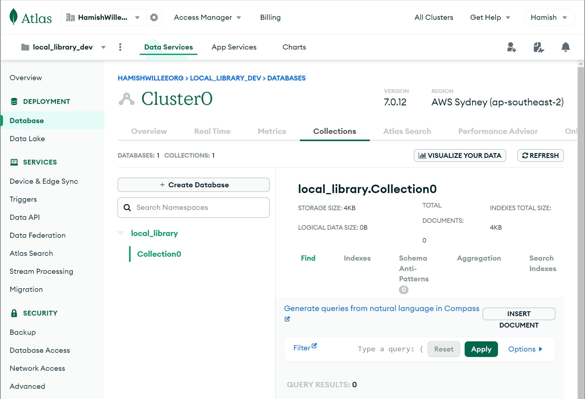 Datenbank-Erstellungsbestätigung auf MongoDB Atlas.