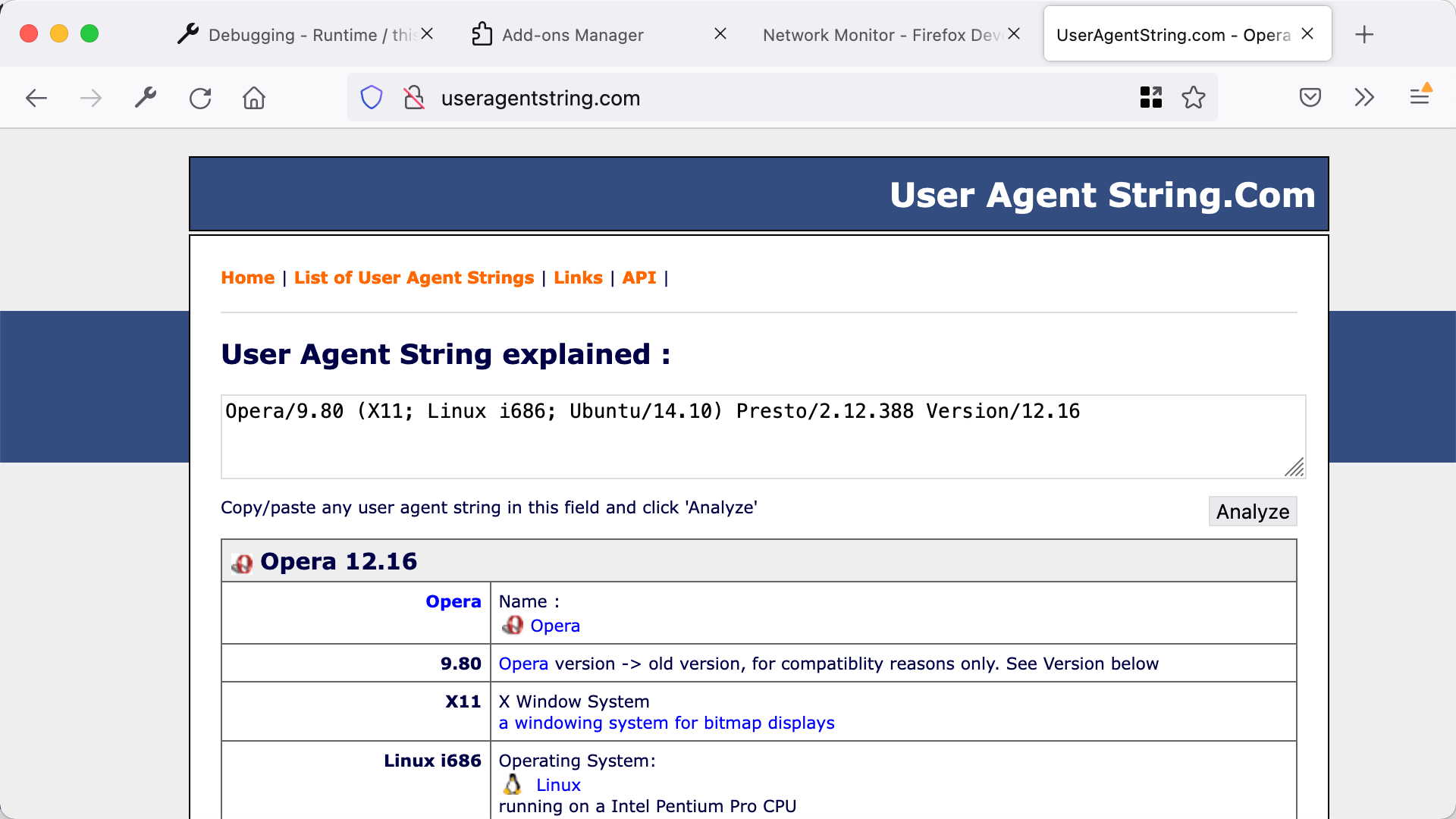 useragentstring.com zeigt Details der modifizierten User-Agent-Zeichenfolge an