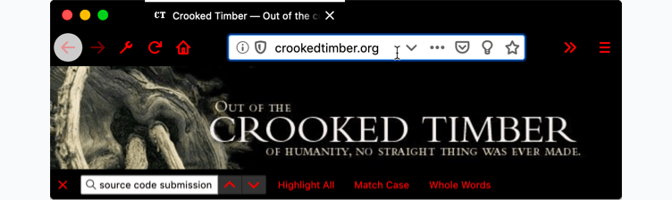 Browser Firefox ist schwarz. Der Tab des Browsers ist schwarz mit weißem Text. URL-Leiste und die 'Seite durchsuchen'-Leiste sind weiß mit schwarzem Text, aber alle Browser- und 'Seite durchsuchen'-Leistensymbole sind rot.