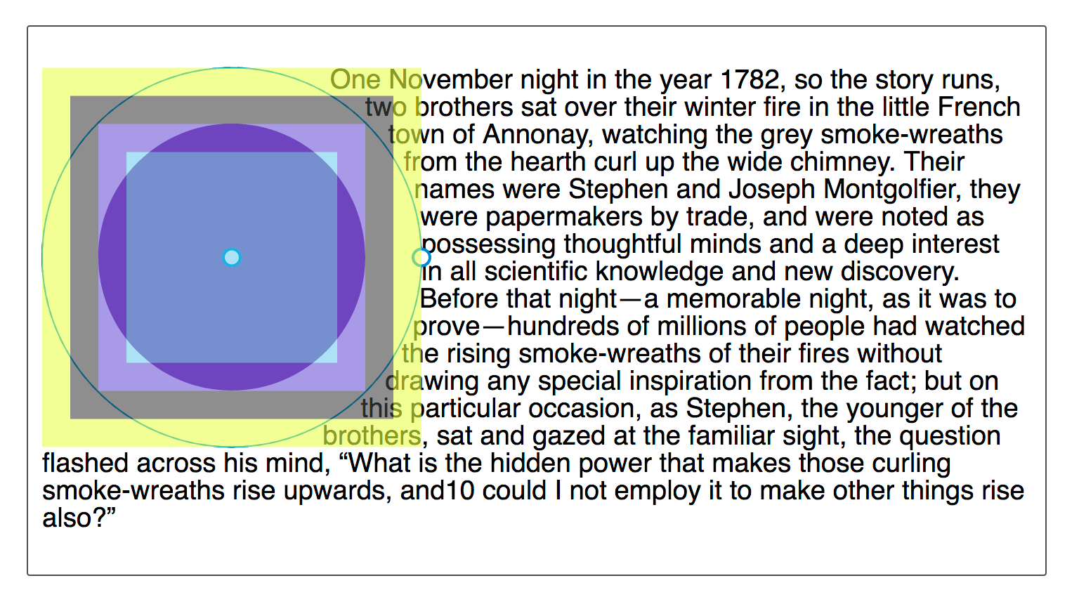Text, der sich um einen links schwebenden Kreis legt. Die linke Kante des Textes ist kreisförmig und berührt die abgeschnittene Form an der Außenseite des Randes, wobei der Rand der Form folgt.