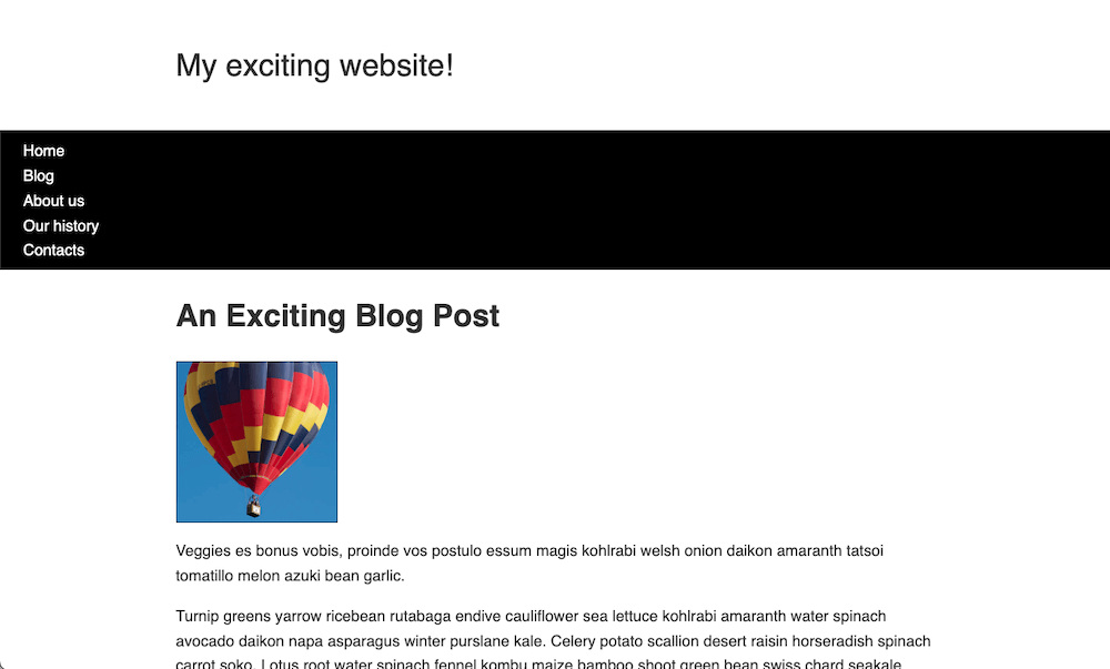 Punto de partida de la tarea de diseño. Los elementos no están dispuestos de forma ordenada. Hay un título de sitio web, encima de una barra de navegación negra con 5 enlaces alineados a la izquierda, seguido del título de la publicación del blog y el contenido de la publicación. Entre el título del blog y el contenido del blog hay una foto que está alineada a la izquierda.