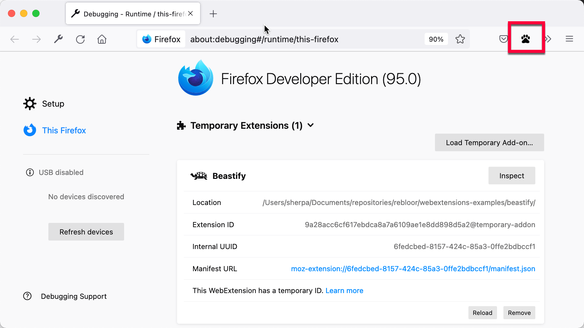 L'icône de beastify dans la barre d'outils de Firefox