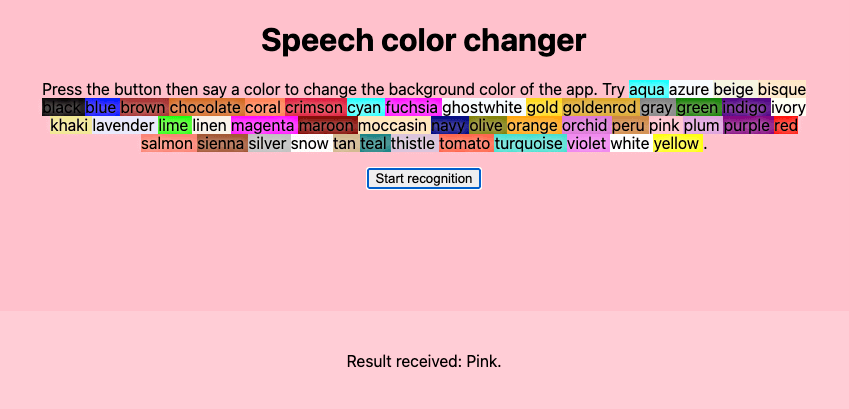 Speech Color changer というタイトルのアプリの UI。画面を内側へタップして色を言うと、アプリの背景をその色に変えてくれるというアプリです。この例では、背景を赤に変えています。