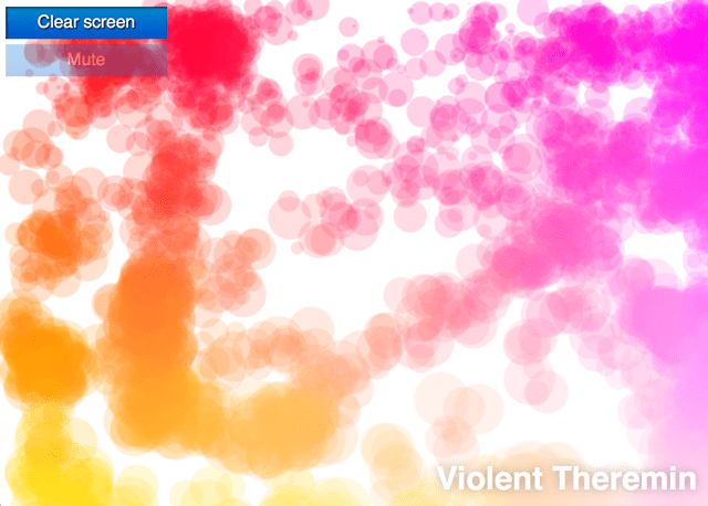 화면 지우기와 음소거라고 써진 두 개의 버튼을 가진, 무지개 색으로 가득 찬 페이지