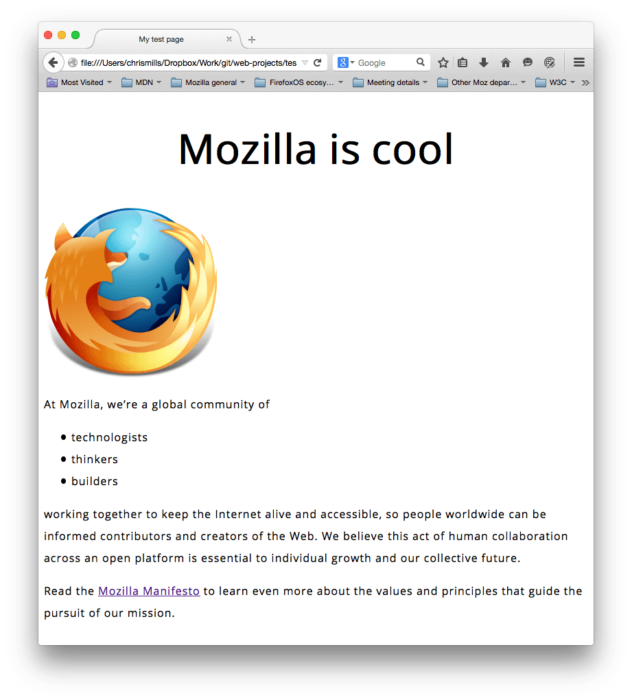 一个 Mozilla 标志和一些段落,设置了 sans-serif 字体,字号、行高和字间距已经调整,主页的标题已经居中