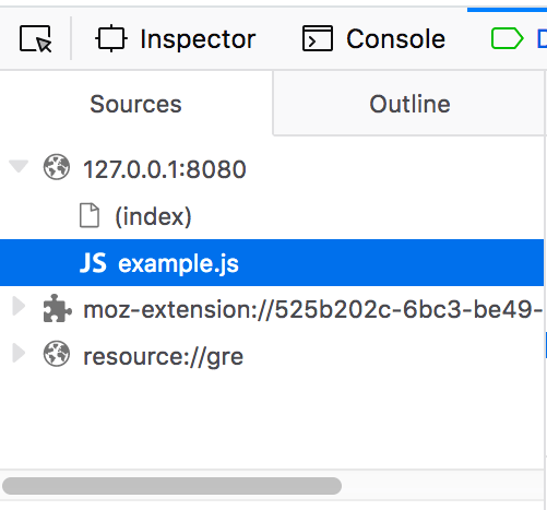 浏览器开发者工具中调试器标签页的源代码窗格片段。与当前正在调试的页面相关的文件可在与当前浏览器标签中打开的网站的 URL 相同的文件夹下可见。